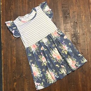 Girls Navy Floral & Gray Stripe Flutter-Sleeve Dress